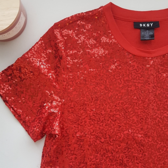 Dkny Tops - DKNY large red sequin stretchy tshirt
